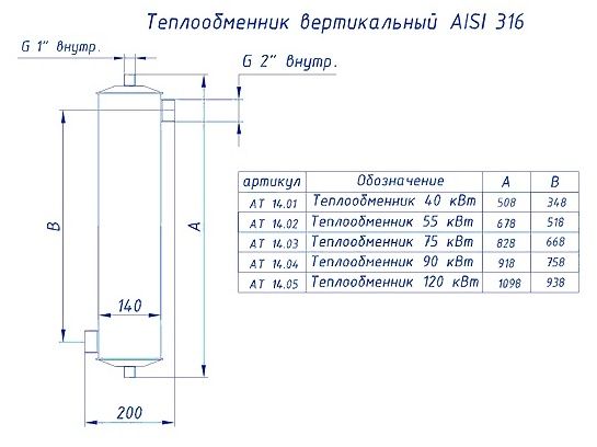 ТЕПЛООБМЕННИК трубчатый, вертикальный, 120 кВт, AISI 316