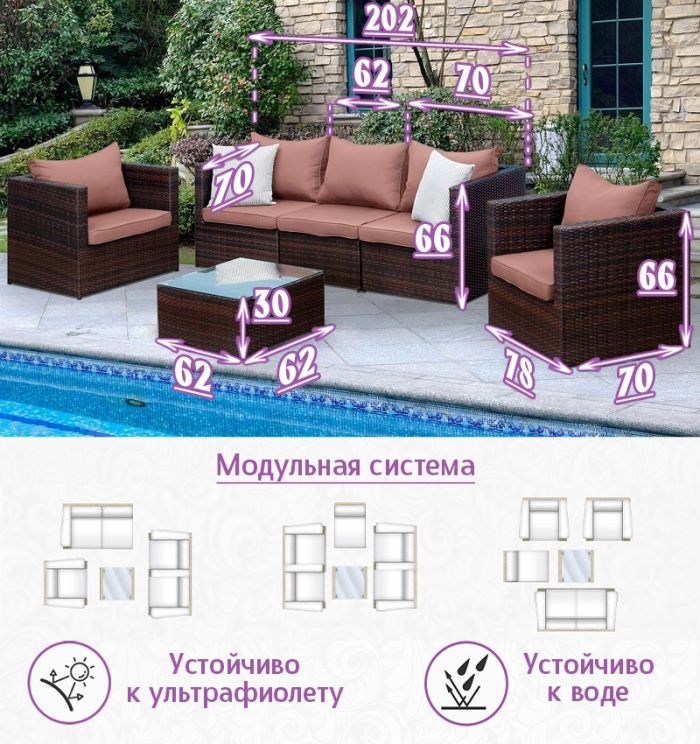 Комплект мебели из искусственного ротанга Лаунж Классик-3 (цвет: шоколад) с коричневыми подушками