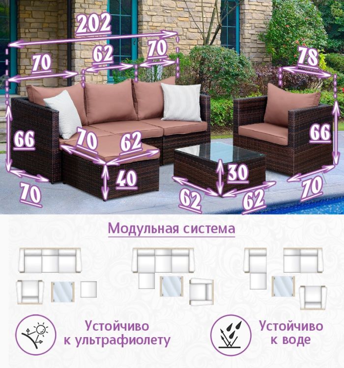 Комплект мебели из искусственного ротанга Лаунж Релакс (цвет: шоколад) с коричневыми подушками
