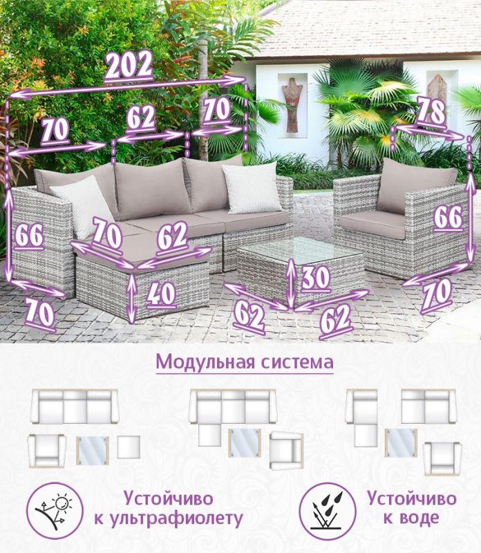 Комплект мебели из искусственного ротанга Лаунж Релакс (цвет: серый) с серыми подушками