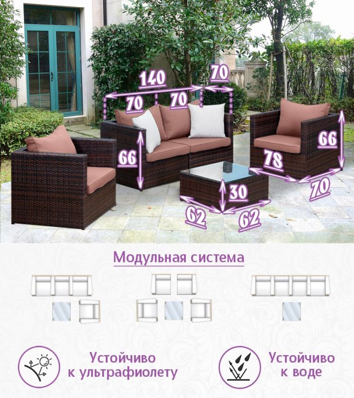 Комплект из искусственного ротанга Лаунж Классик-2 (Lounge Classic-2) (цвет: шоколад) с коричневыми подушками