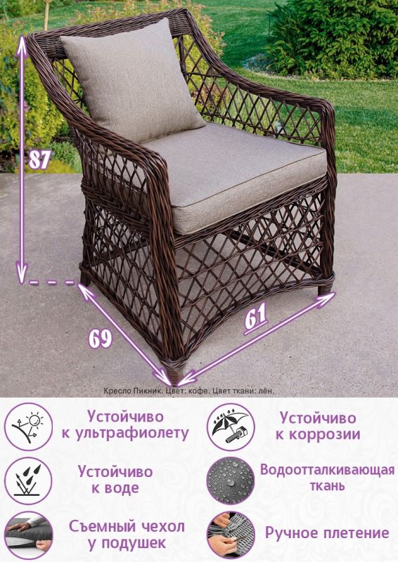 Кресло из искусственного ротанга Пикник (цвет: кофе) (подушка: лен)