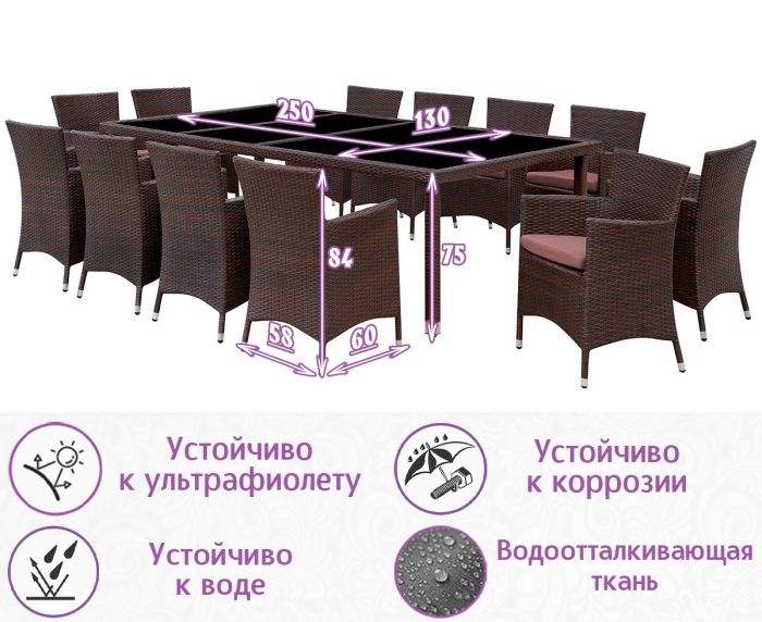 Обеденная группа из искусственного ротанга Пьяцца-12 (цвет: шоколад) с коричневыми подушками