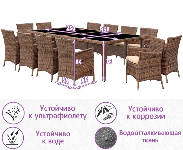 Обеденная группа из искусственного ротанга Пьяцца-12 (цвет: капучино) с бежевыми подушками
