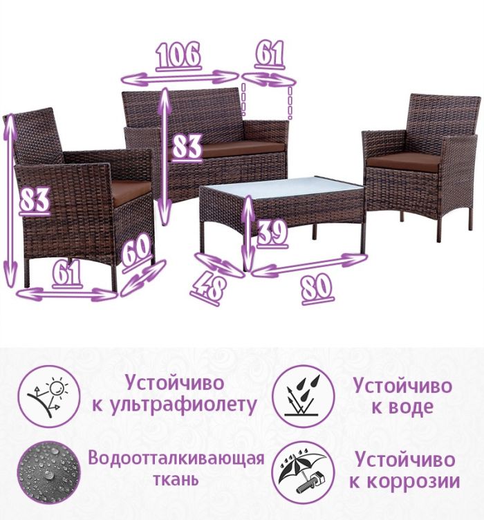 Комплект из искусственного ротанга Киото (Kioto) (цвет: шоколад) с коричневыми подушками