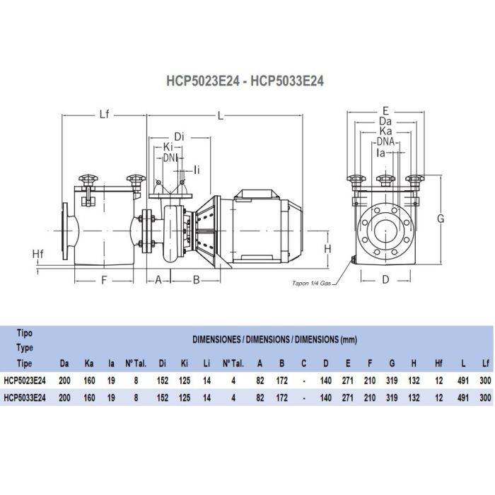 Насос Hayward HCP5043E24 (380V, пф, 49m3/h*14m, 3kW, 4HP) кор. чугун\крыл. бронза, фланец 100\100