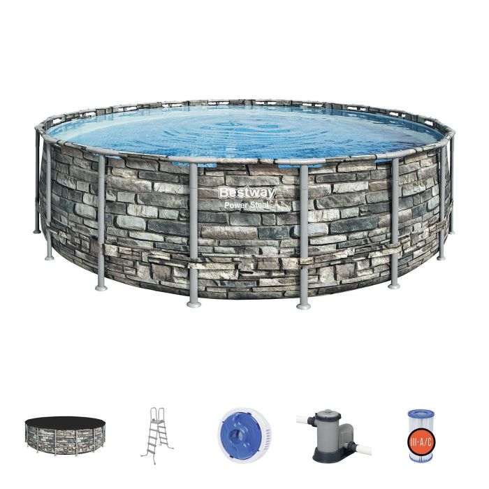Каркасный бассейн Power Steel 549x132см "Камень" 26000л, фил.-нас. 5678л/ч, лестн., тент, попл.-доз., Bestway, 56886 BW
