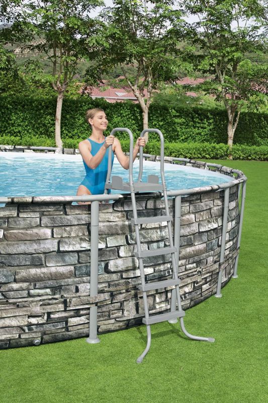 Каркасный бассейн Power Steel 549x132см "Камень" 26000л, фил.-нас. 5678л/ч, лестн., тент, попл.-доз., Bestway, 56886 BW