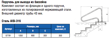 Поручень для римской лестницы + фланцы AISI-316