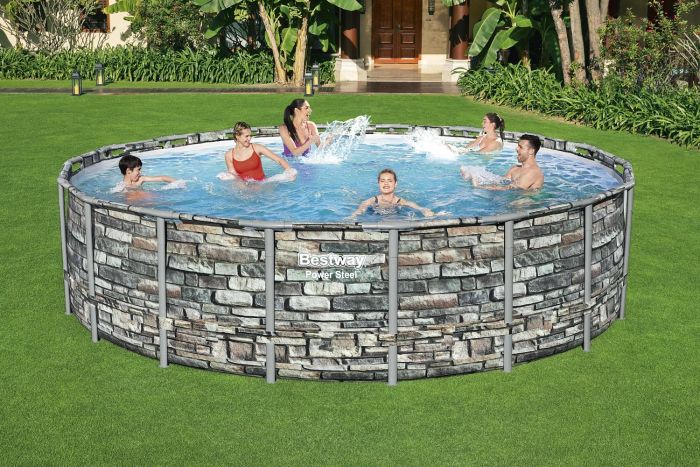 Каркасный бассейн Power Steel 549x132см "Камень" 26000л, фил.-нас. 5678л/ч, лестн., тент, попл.-доз., Bestway, 56886 BW