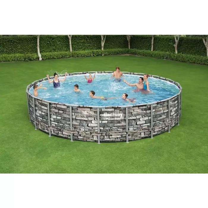 Каркасный бассейн Power Steel 671x132см "Камень" 40377л, фил.-нас. 9463л/ч, лестн., тент, попл.-доз., Bestway, 56889 BW