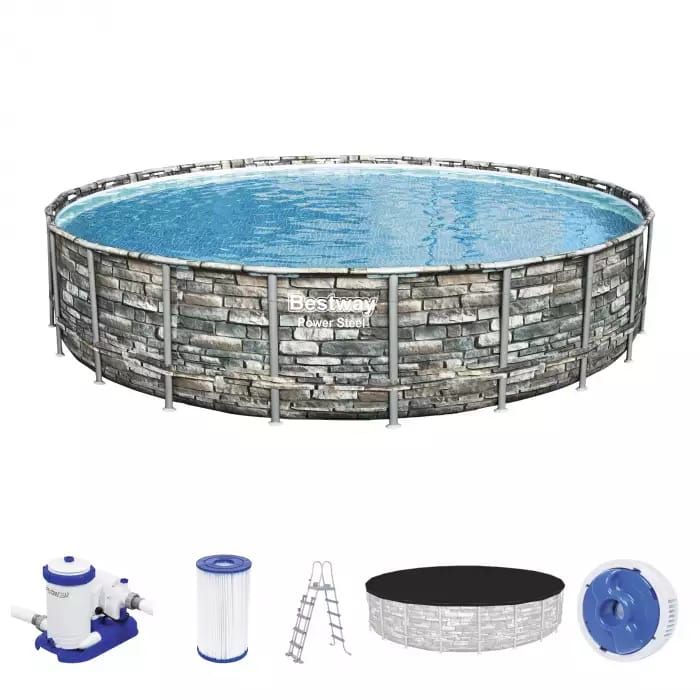 Каркасный бассейн Power Steel 671x132см "Камень" 40377л, фил.-нас. 9463л/ч, лестн., тент, попл.-доз., Bestway, 56889 BW