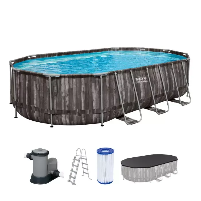 Каркасный бассейн Power Steel 610х366х122см, 20241л, фил.-насос 5678л/ч, лестница, тент, Bestway, 5611R BW